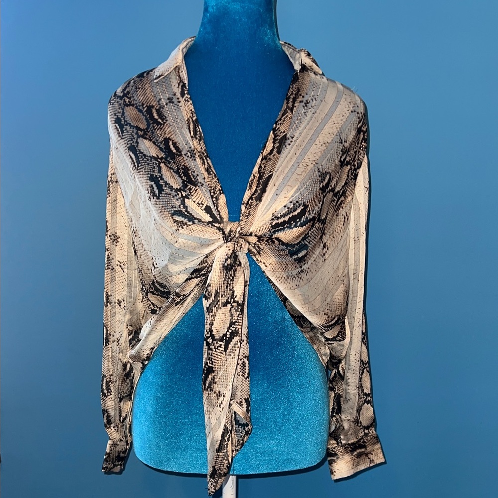 Fashion Nova Beige Snake Print Tie-Front Blouse
